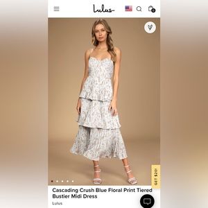 Lulu’s Cascading Crush Blue Floral Print Tiered Bustier Midi Dress